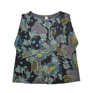 Vintage Only Nine Woman Plus 2X Blouse Teal Floral Geometric Top 3/4 Sleeve